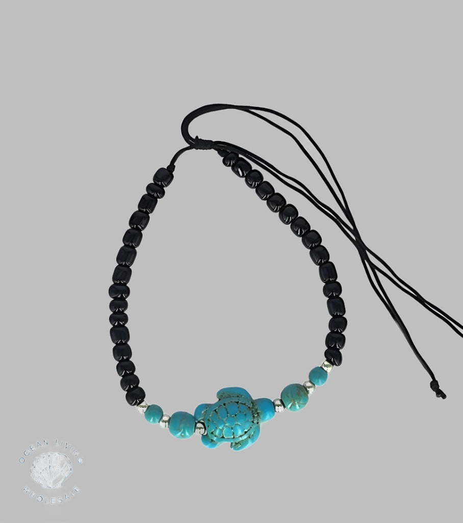Bracelet Black Beads And Blue Turtle Bead.