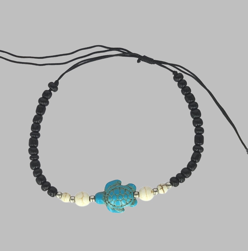 Bracelet Black Beads And Blue Turtle White Bead.
