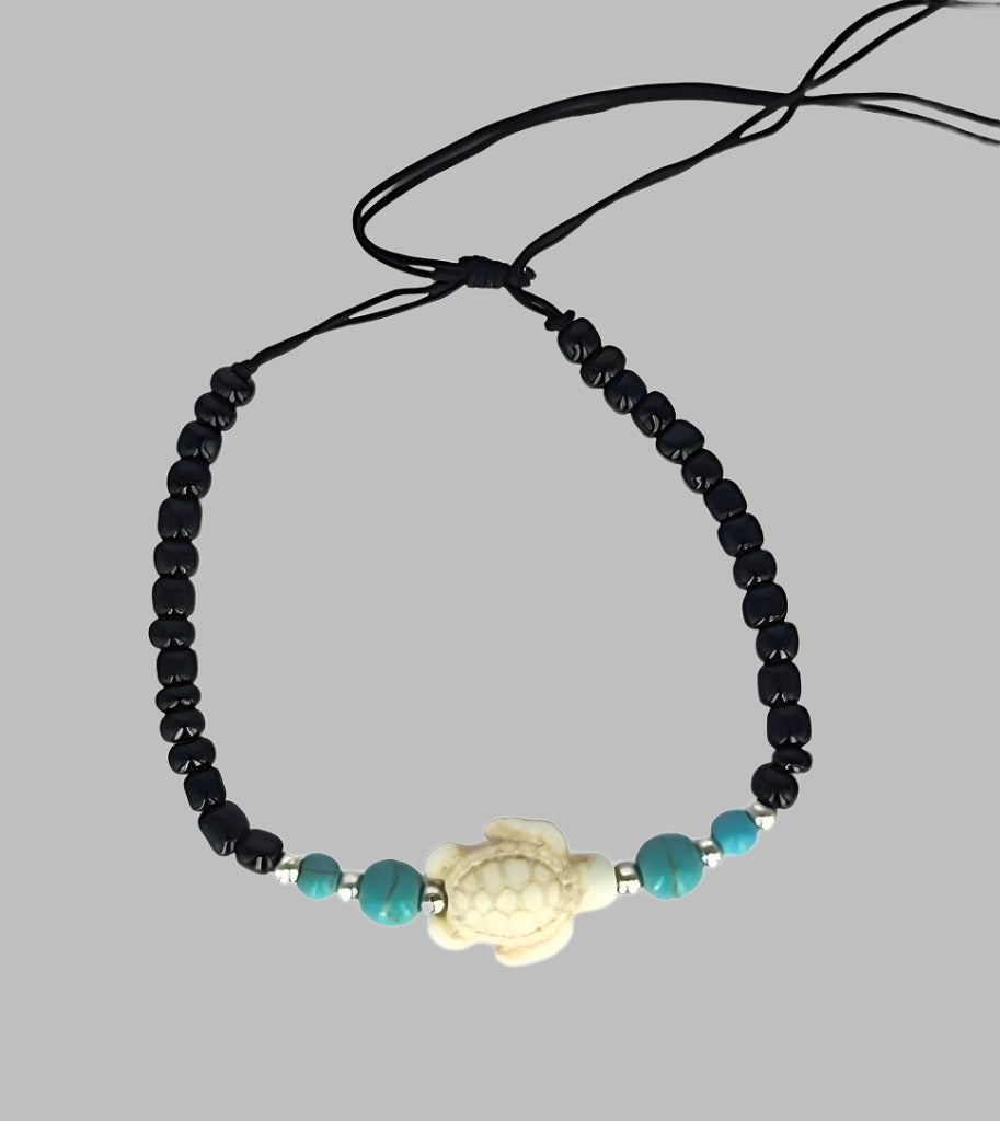 Bracelet Black Beads And White Turtle Blue Bead.