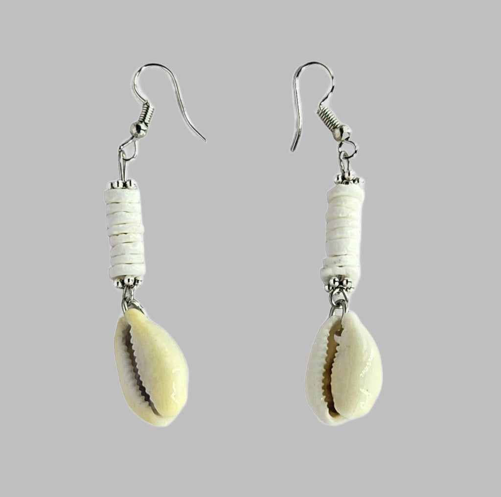 Earring White Pukka With Dangling Cowrie .