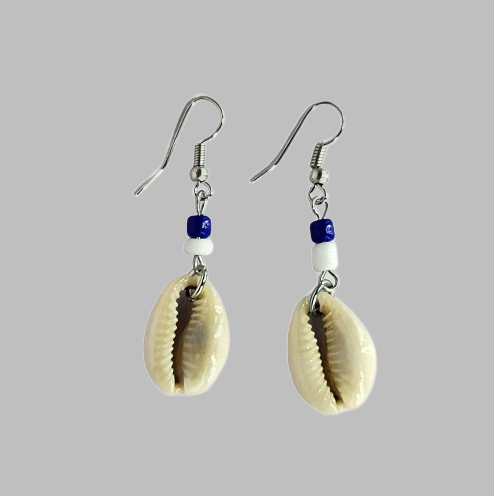 Earring With Sliced Cowrie And Blue White Beads