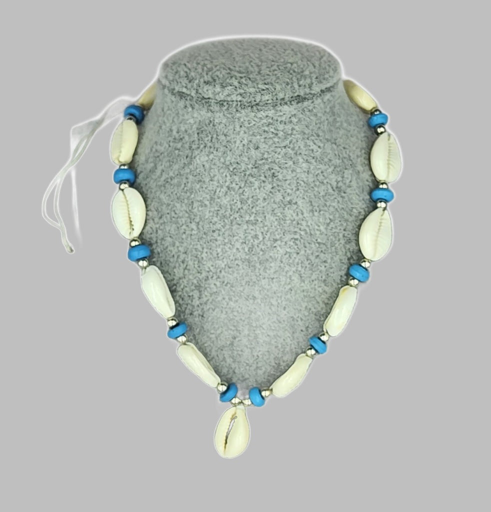 Full Cowrie Necklace With Blue Beads And Single Pendant.