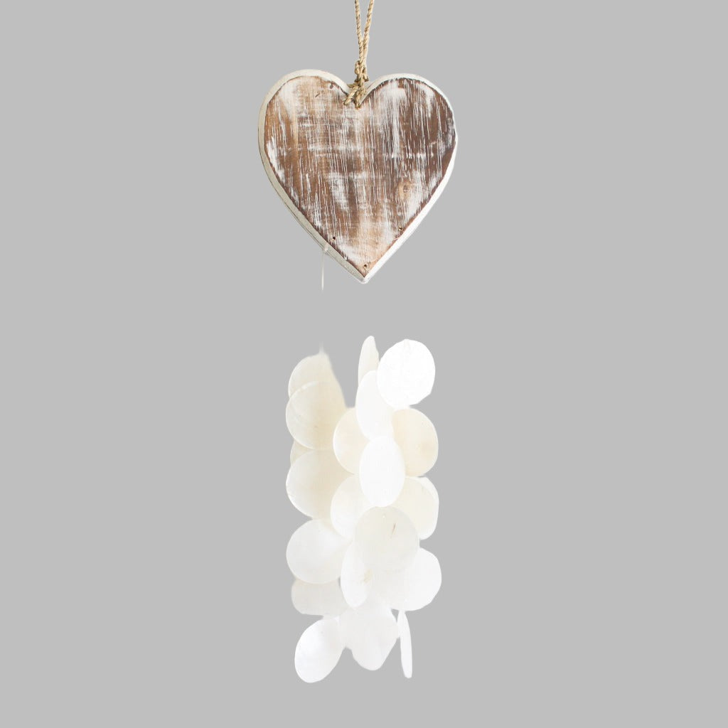 Hanging White Washed Heart Capiz Chime Hangers &amp; Chandeliers