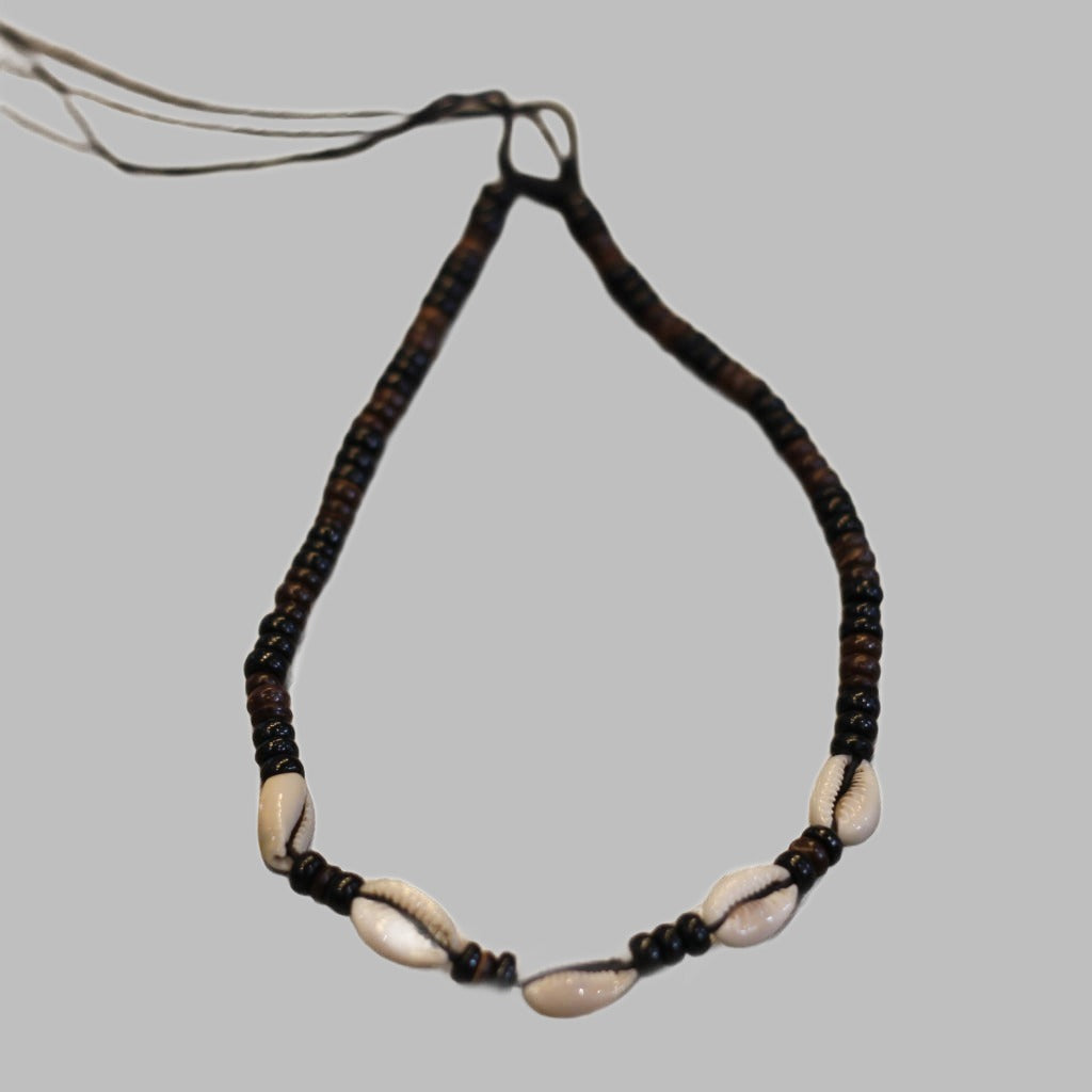 Necklace 5 Cowrie With Brown Beads On Black Cord