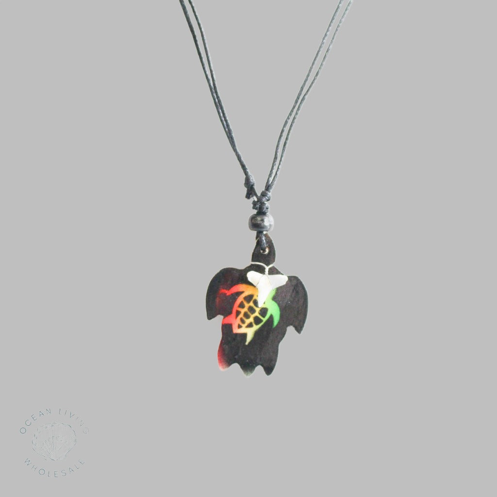 Necklace Black Cord Airbrush Turtle With Shark Tooth