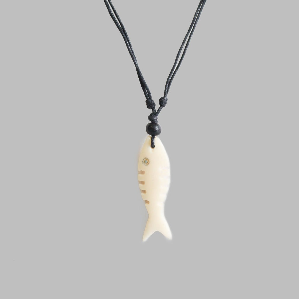 Necklace Black Cord With Fish Bone