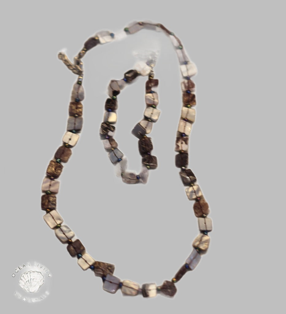 Necklace &amp; Bracelet Set Natural Square Cut Shells Single Strand