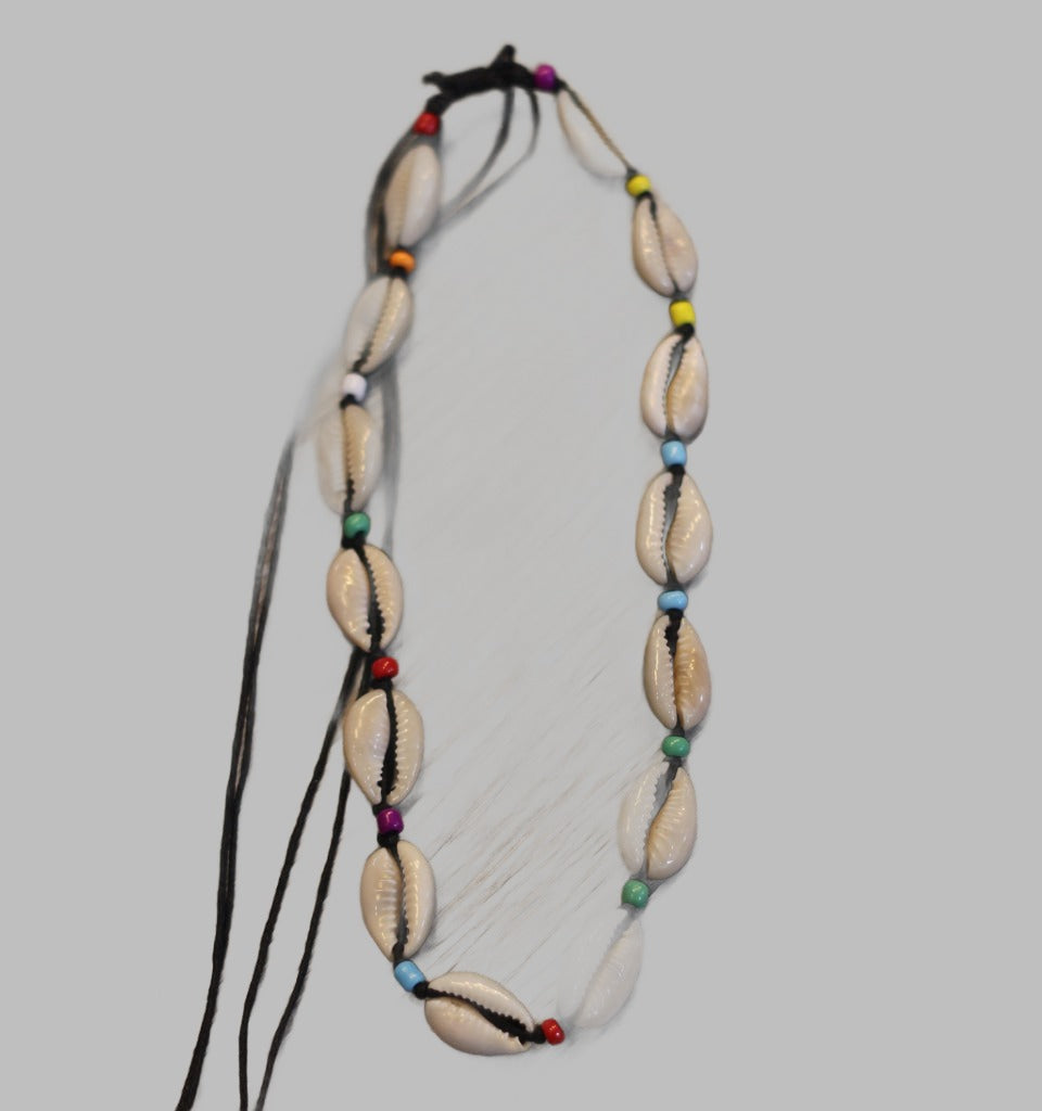 Necklace Full Cowrie White Cord & Multi Colour Bead