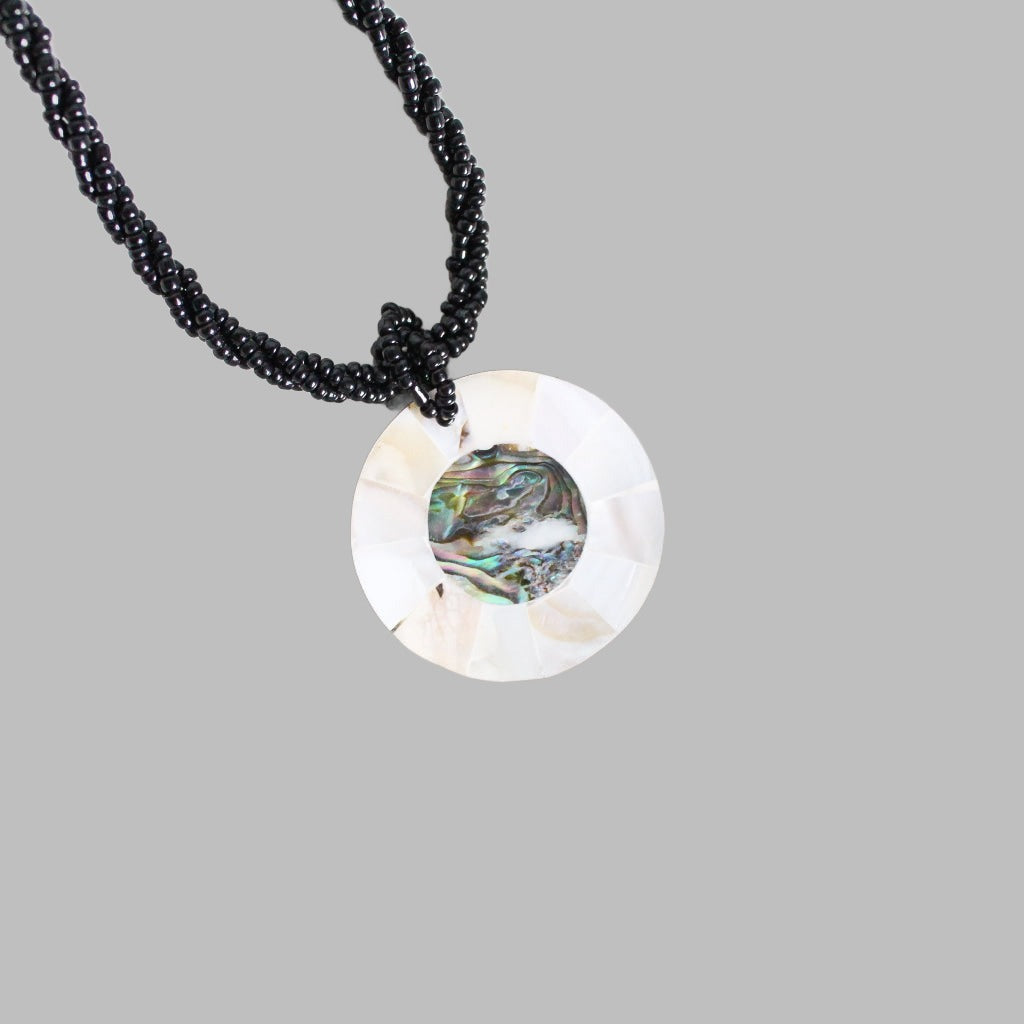 Necklace With Black Bead Cord Resin Inlay Disk 4