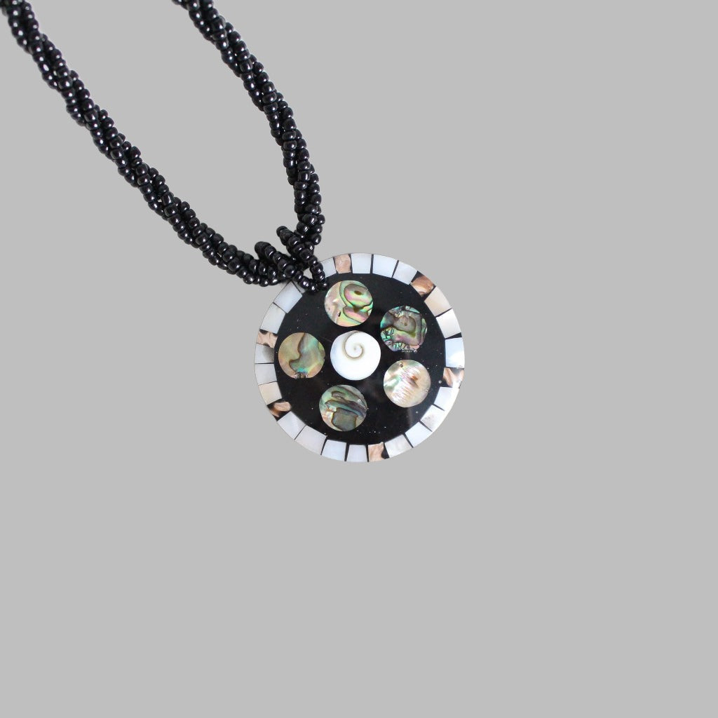 Necklace With Black Bead Cord Resin Inlay Disk 5