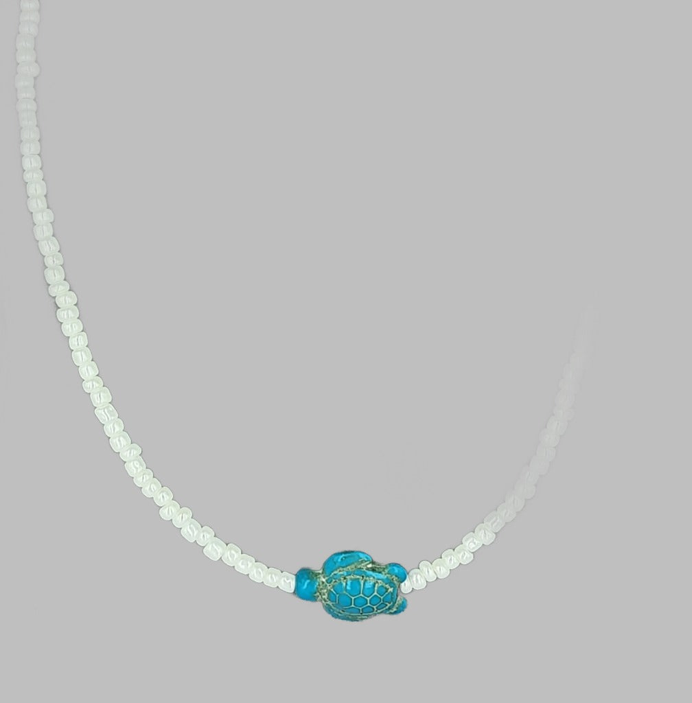 White Bead With Blue Turtle 18’ Necklace