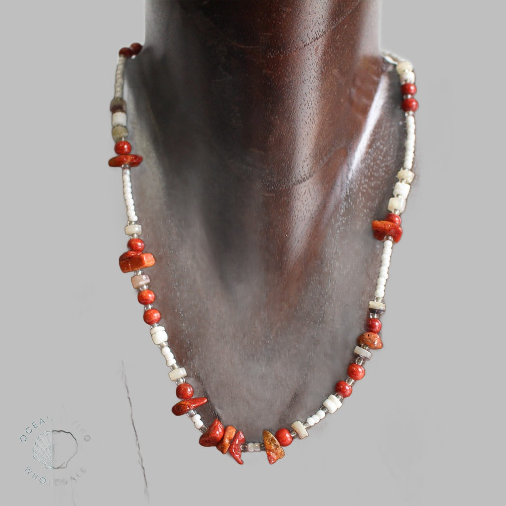 White Beads With Mother Of Pearl Chips And Orange Stone 18 Necklace