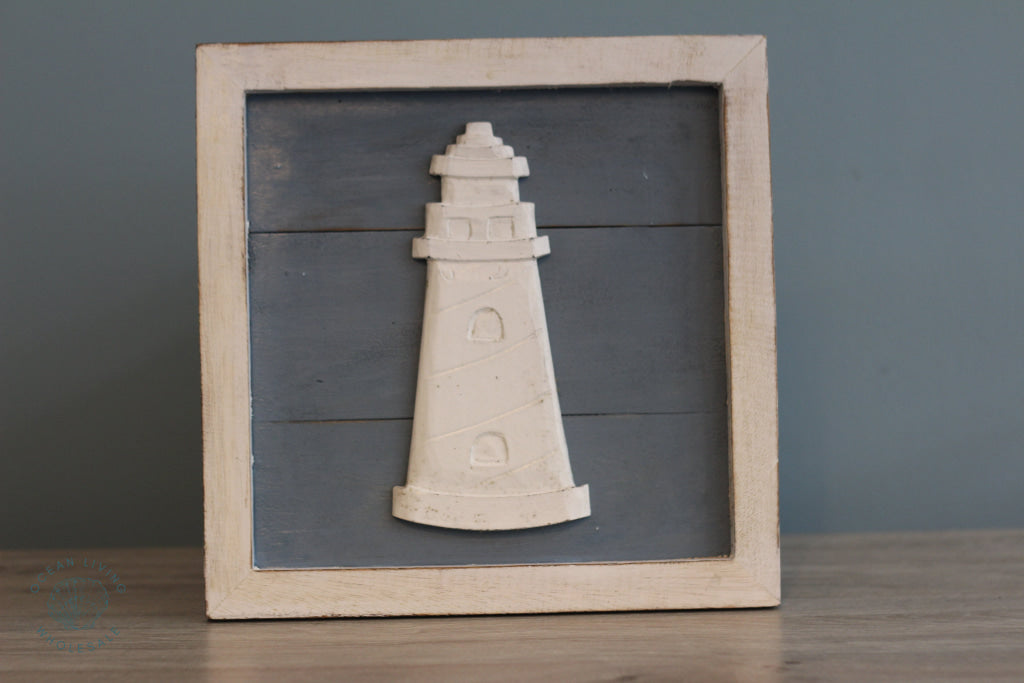 Wooden Board ( 30X30Cm) With Beach Ornament Lighthouse